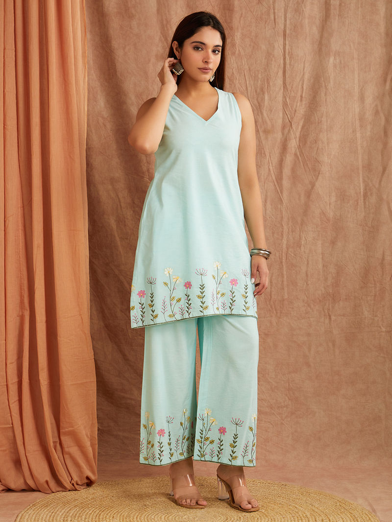 Blue Embroiderd Cotton Linen Kurta with Palazzo - Set of 2