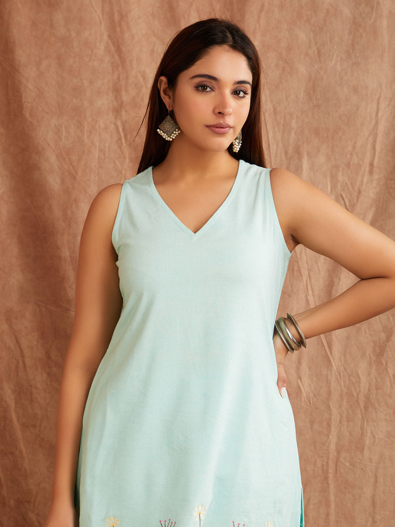 Blue Embroiderd Cotton Linen Kurta with Palazzo - Set of 2