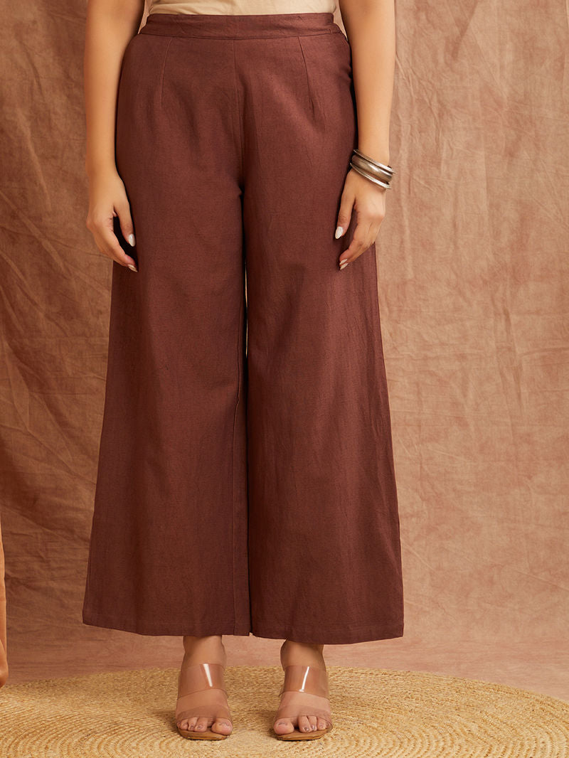 Brown Embroidered Cotton Linen Kurta with Palazzo - Set of 2