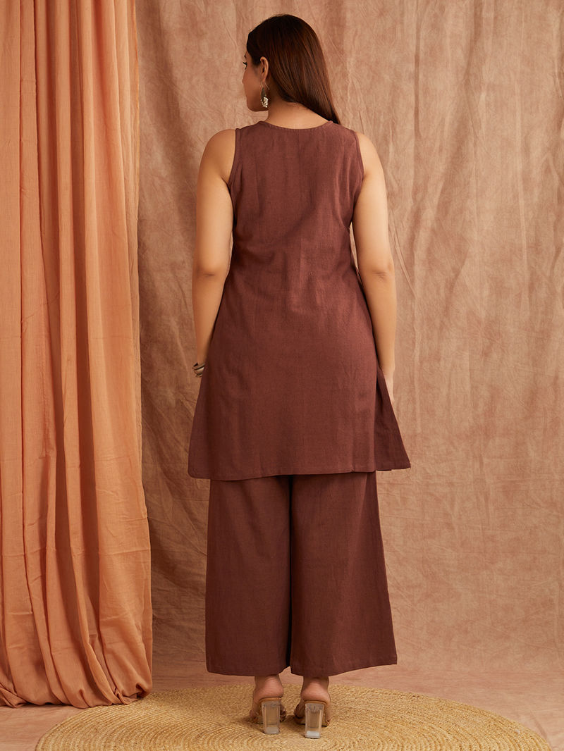 Brown Embroidered Cotton Linen Kurta with Palazzo - Set of 2