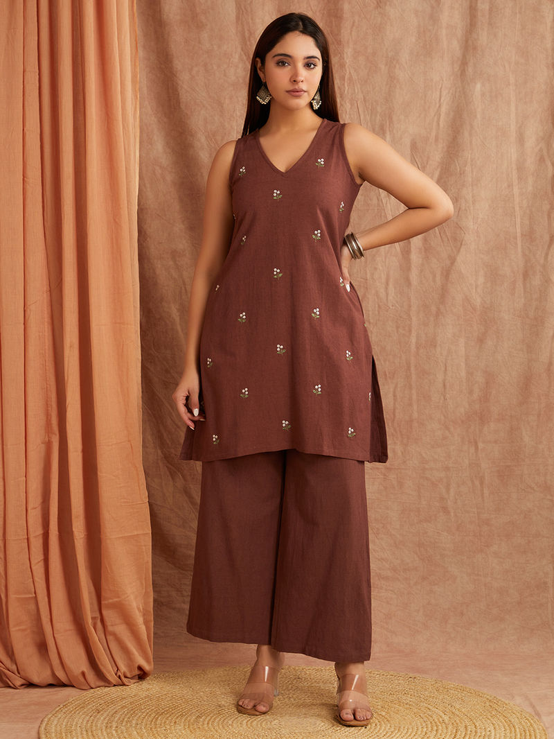 Brown Embroidered Cotton Linen Kurta with Palazzo - Set of 2