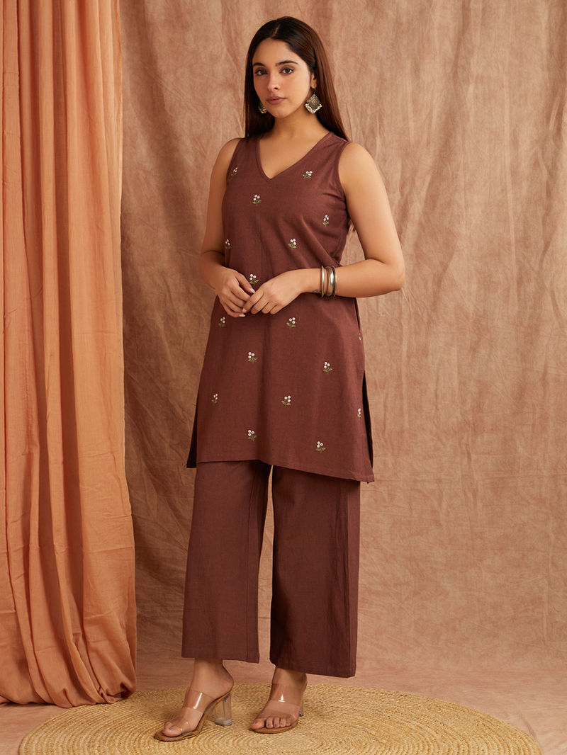 Brown Embroidered Cotton Linen Kurta with Palazzo - Set of 2