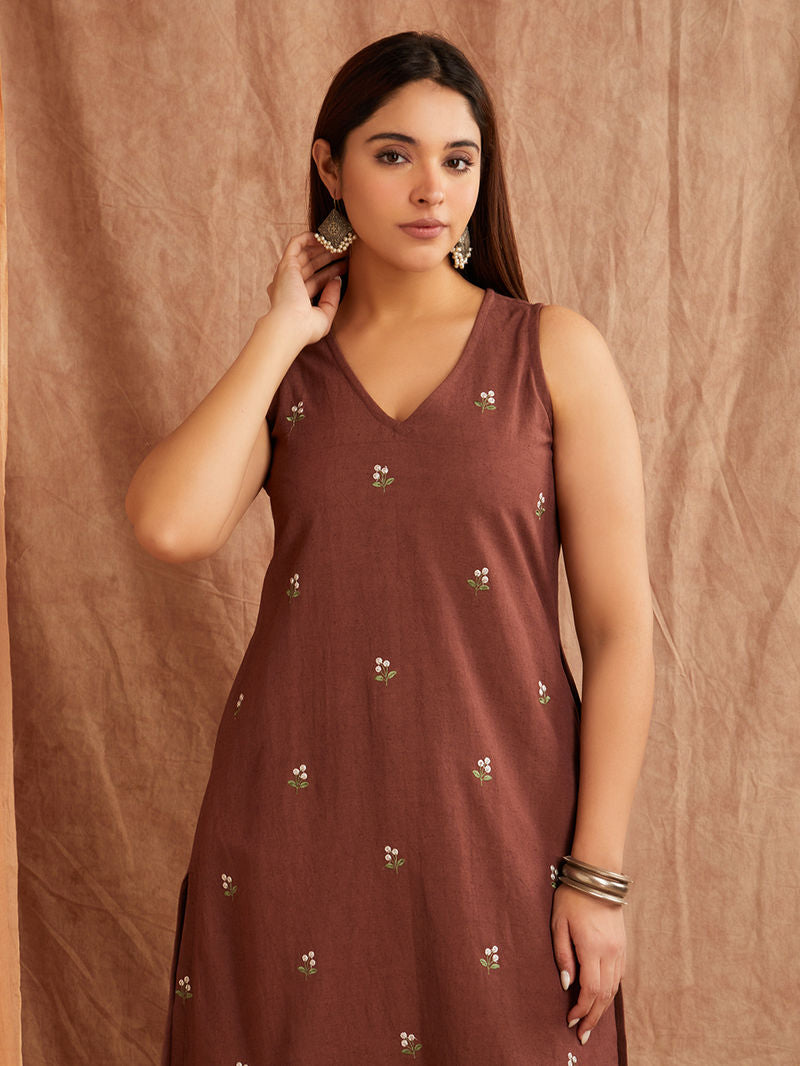 Brown Embroidered Cotton Linen Kurta with Palazzo - Set of 2
