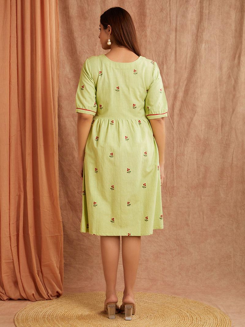 Mint Green Embroidered Cotton Linen Dress