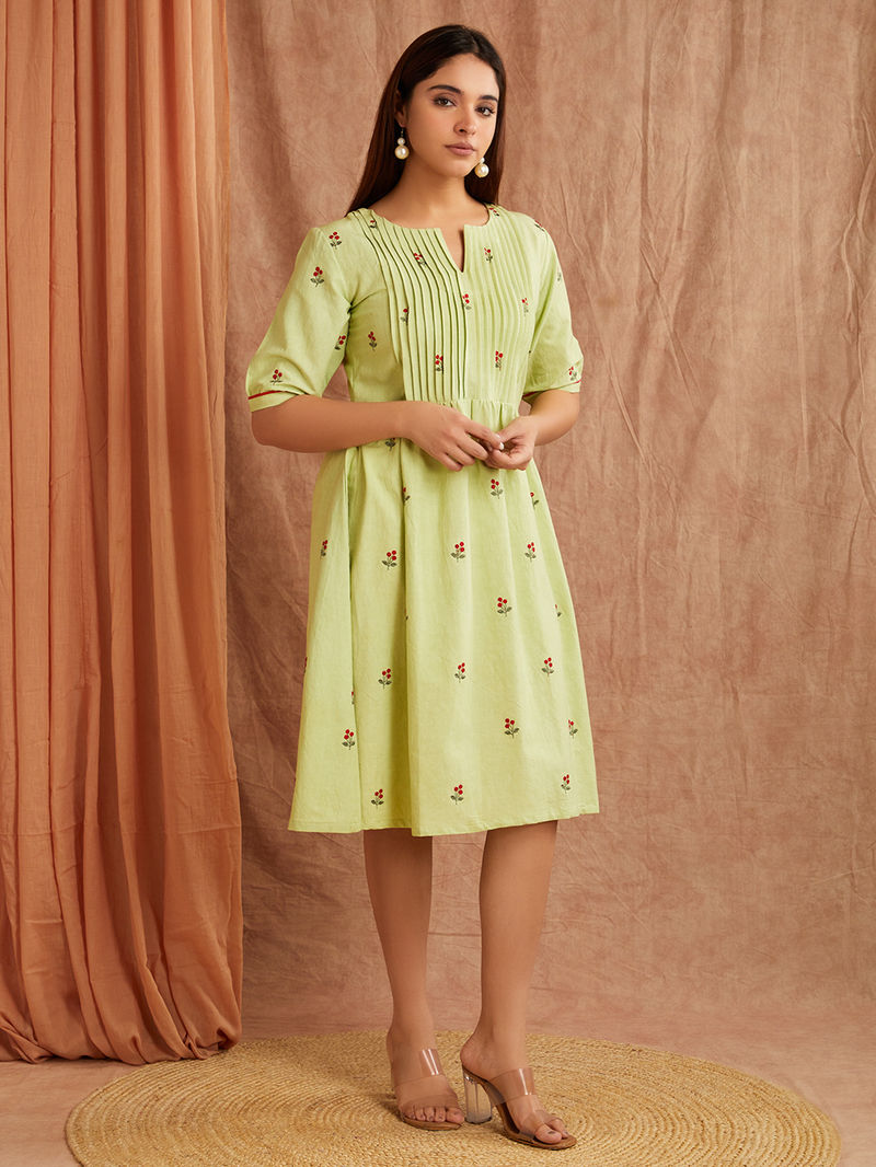 Mint Green Embroidered Cotton Linen Dress