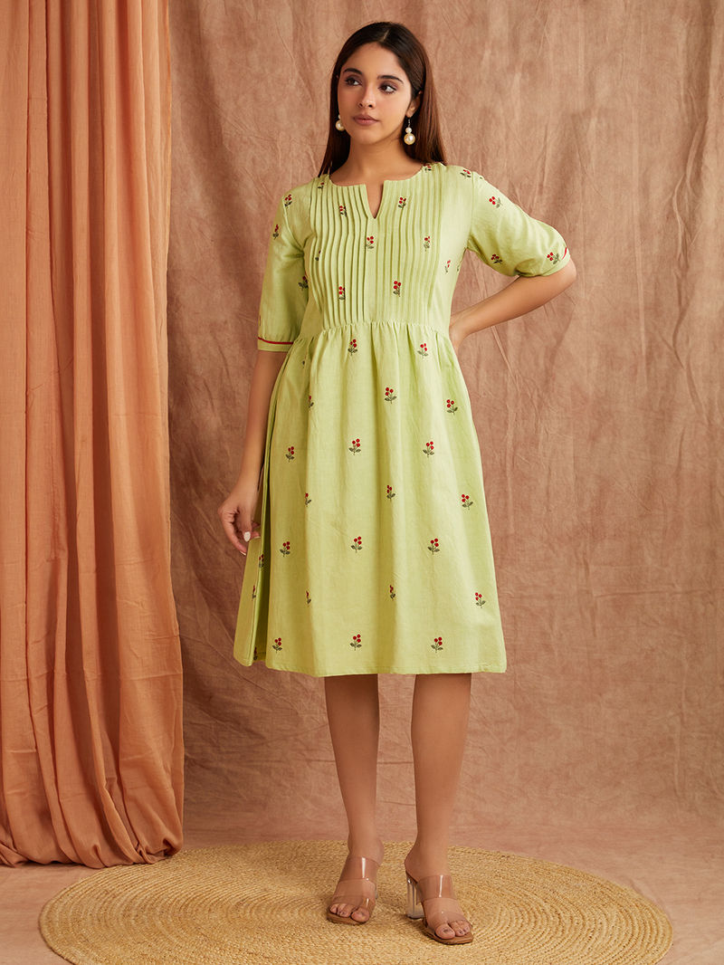 Mint Green Embroidered Cotton Linen Dress