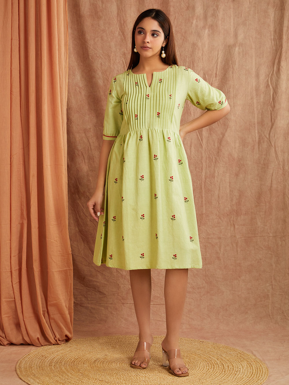 Mint Green Embroidered Cotton Linen Dress