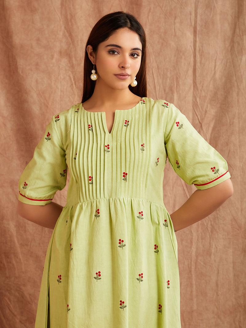 Mint Green Embroidered Cotton Linen Dress