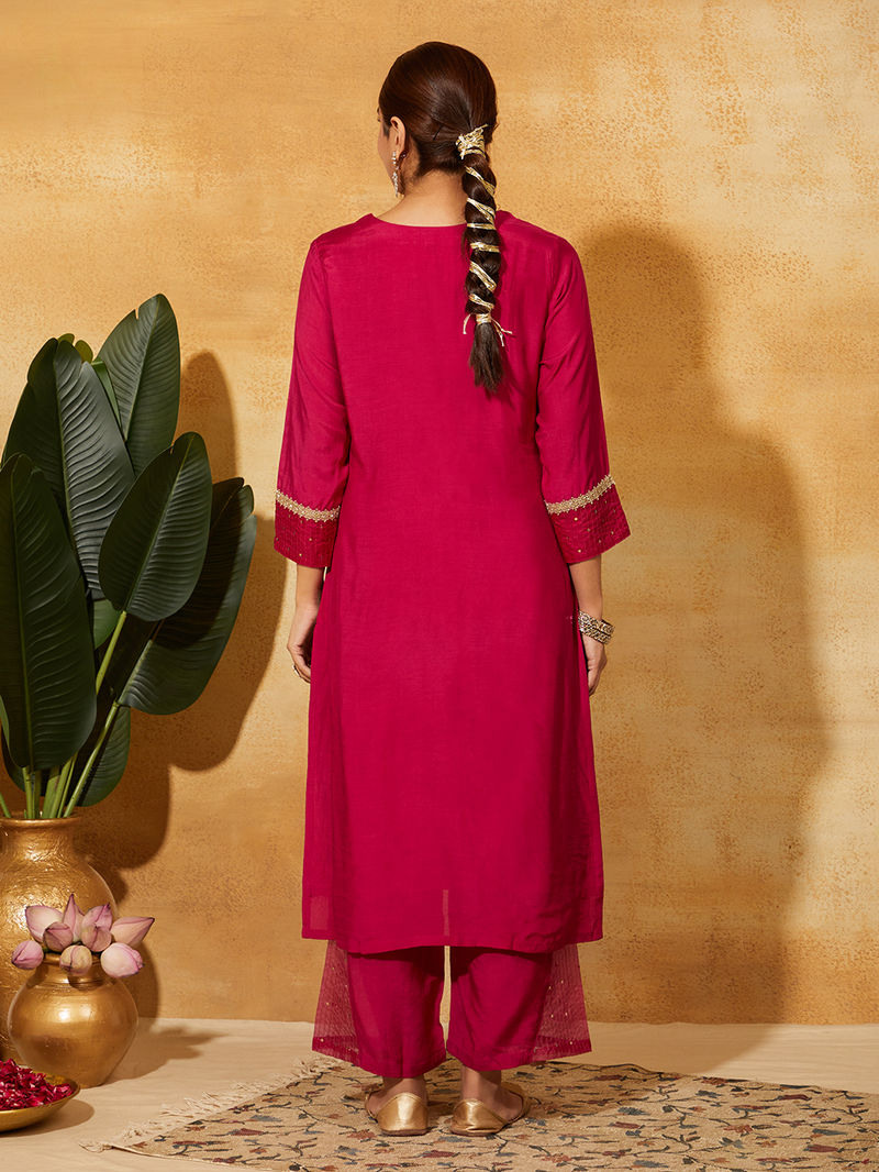 Fuchsia Zari Embroidered Muslin Silk Suit - Set of 3