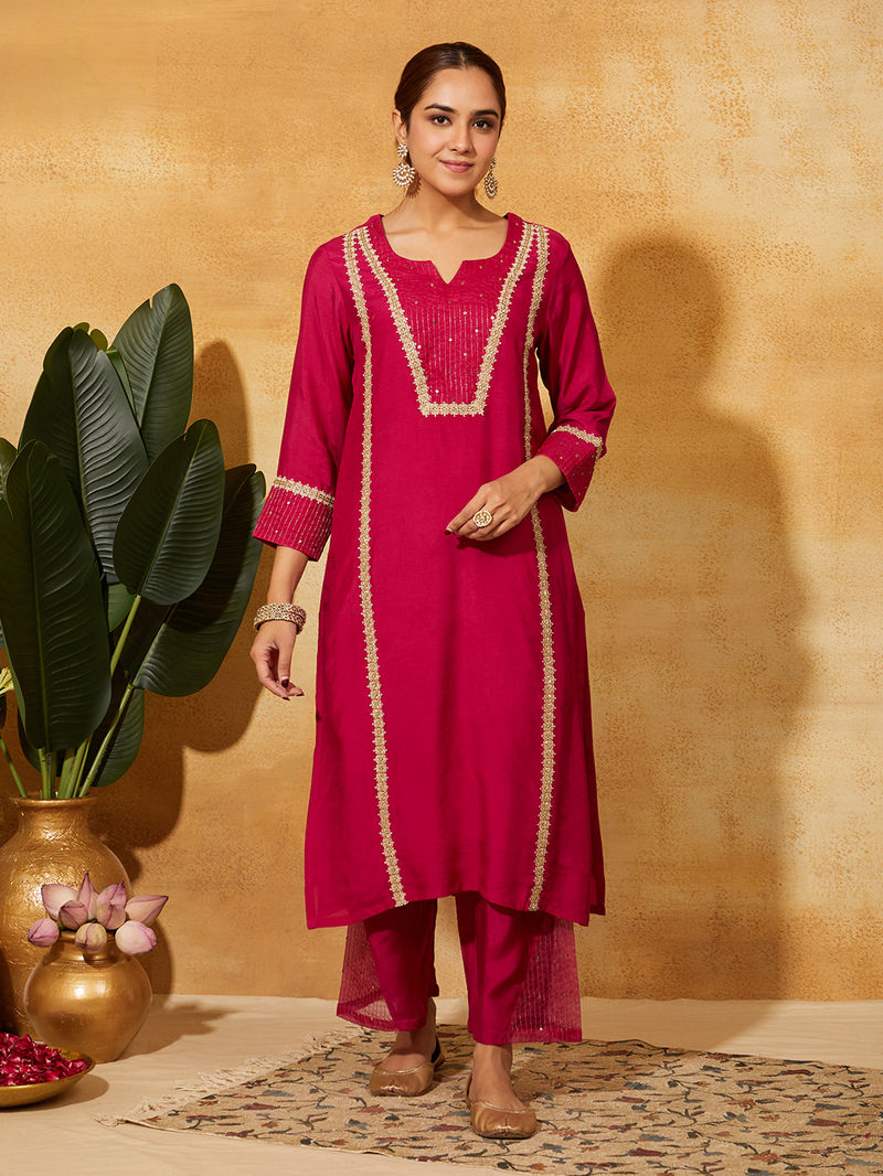Fuchsia Zari Embroidered Muslin Silk Suit - Set of 3