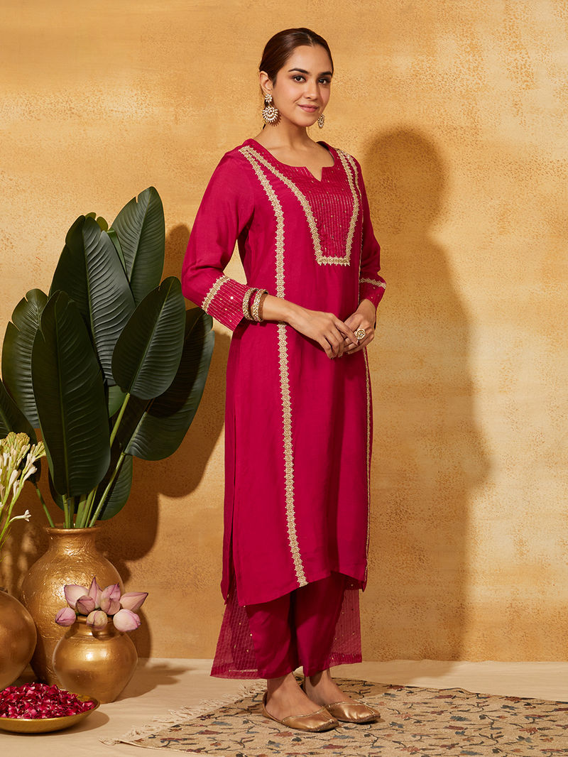 Fuchsia Zari Embroidered Muslin Silk Suit - Set of 3