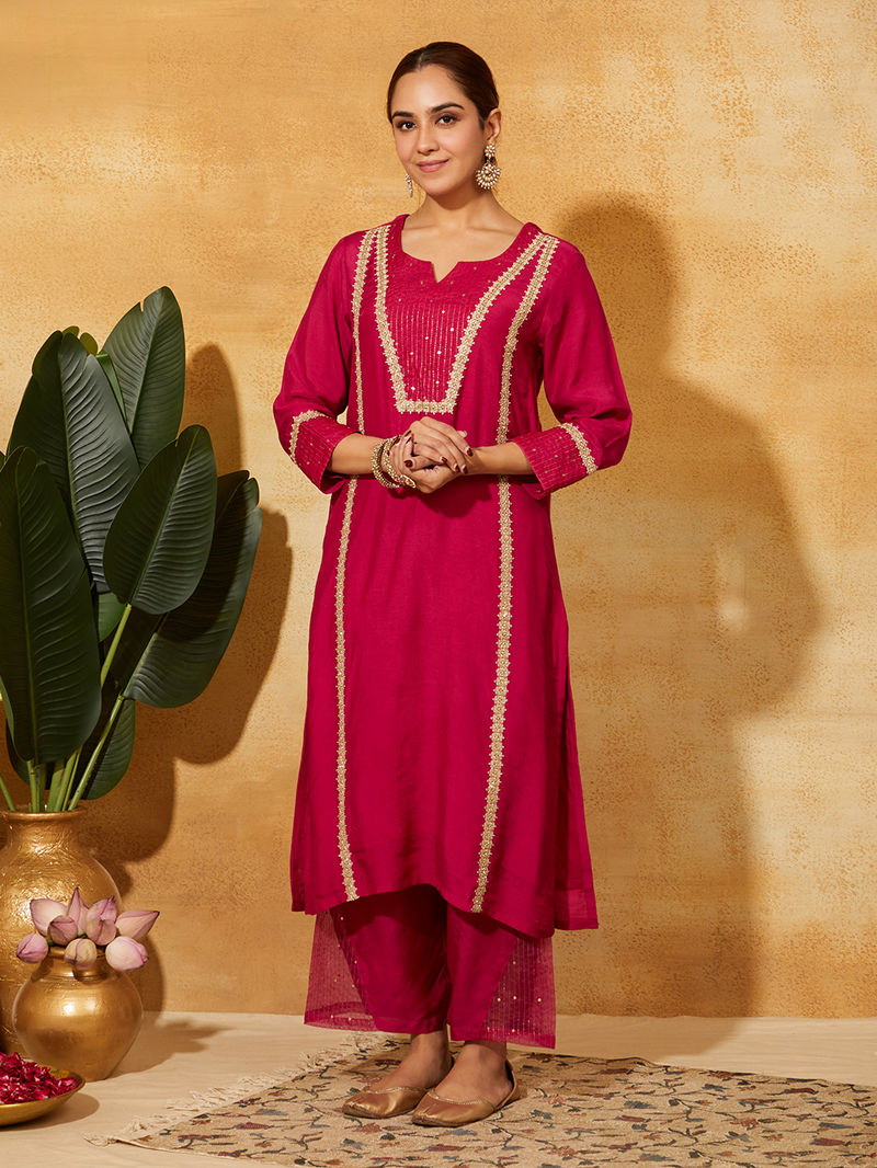 Fuchsia Zari Embroidered Muslin Silk Suit - Set of 3