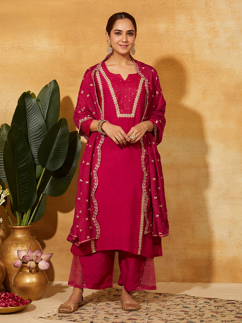 Fuchsia Zari Embroidered Muslin Silk Suit - Set of 3