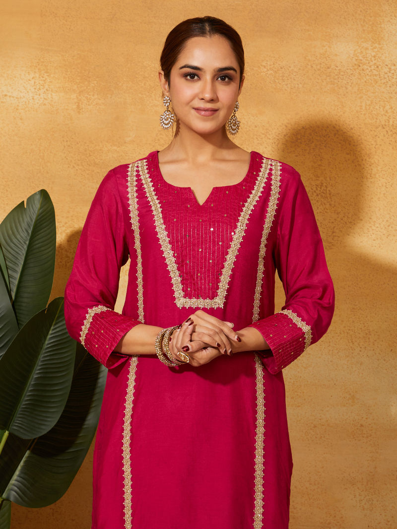 Fuchsia Zari Embroidered Muslin Silk Suit - Set of 3