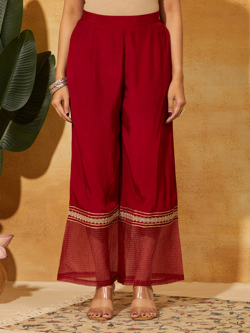 Maroon Zari Embroidered Muslin Silk Kurta with Palazzo - Set of 2