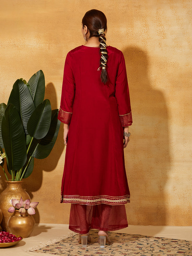 Maroon Zari Embroidered Muslin Silk Kurta with Palazzo - Set of 2