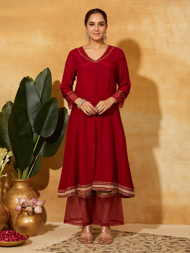 Maroon Zari Embroidered Muslin Silk Kurta with Palazzo - Set of 2
