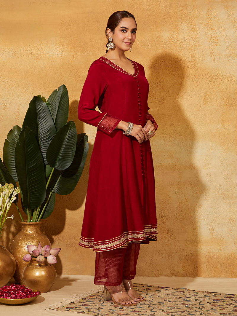 Maroon Zari Embroidered Muslin Silk Kurta with Palazzo - Set of 2