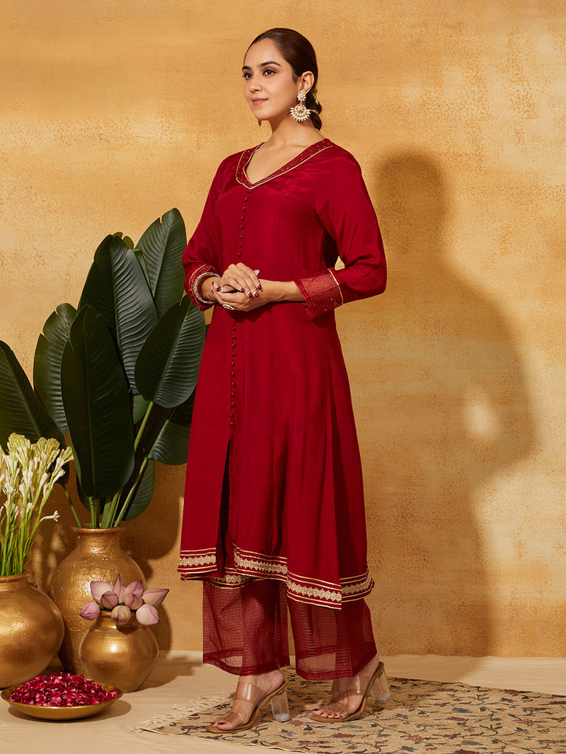 Maroon Zari Embroidered Muslin Silk Kurta with Palazzo - Set of 2