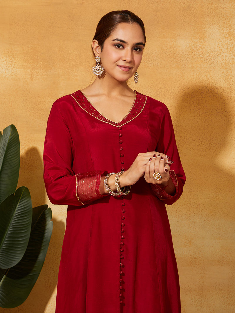 Maroon Zari Embroidered Muslin Silk Kurta with Palazzo - Set of 2