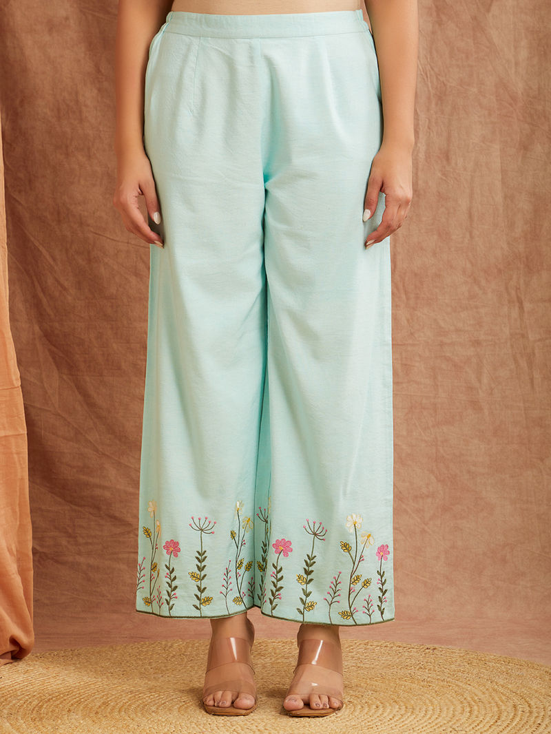 Blue Embroiderd Cotton Linen Kurta with Palazzo - Set of 2