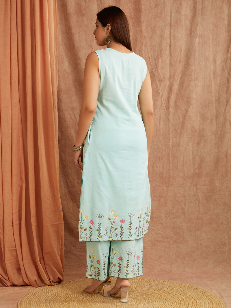 Blue Embroiderd Cotton Linen Kurta with Palazzo - Set of 2