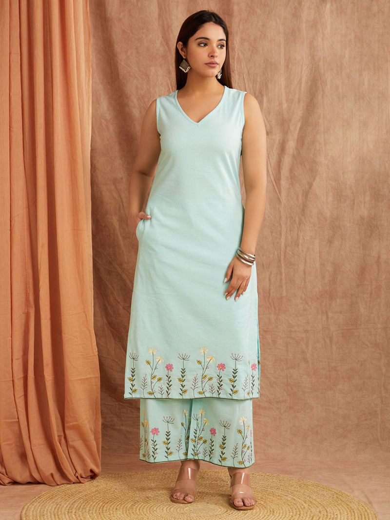 Blue Embroiderd Cotton Linen Kurta with Palazzo - Set of 2