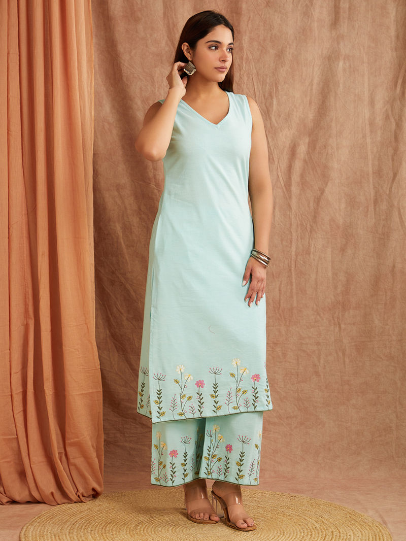 Blue Embroiderd Cotton Linen Kurta with Palazzo - Set of 2