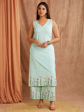 Blue Embroiderd Cotton Linen Kurta with Palazzo - Set of 2