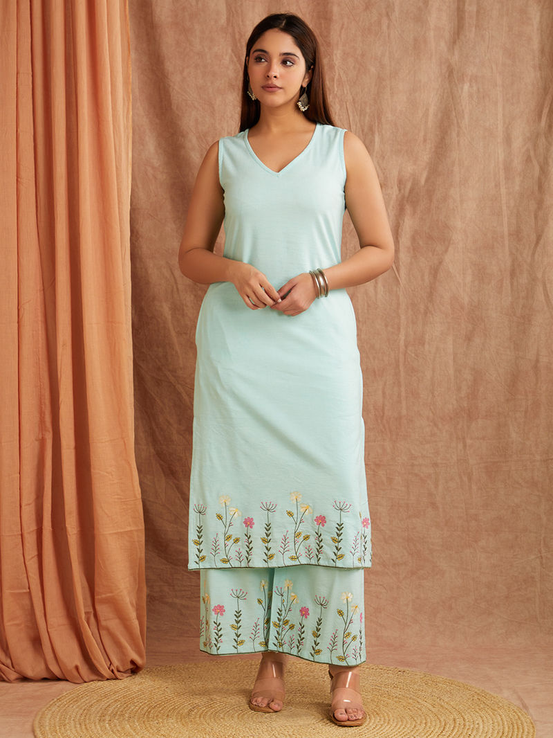 Blue Embroiderd Cotton Linen Kurta with Palazzo - Set of 2