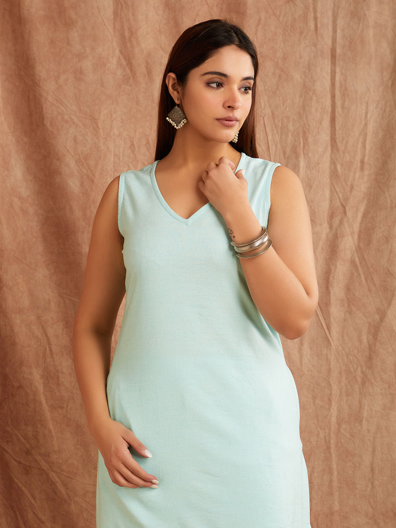 Blue Embroiderd Cotton Linen Kurta with Palazzo - Set of 2