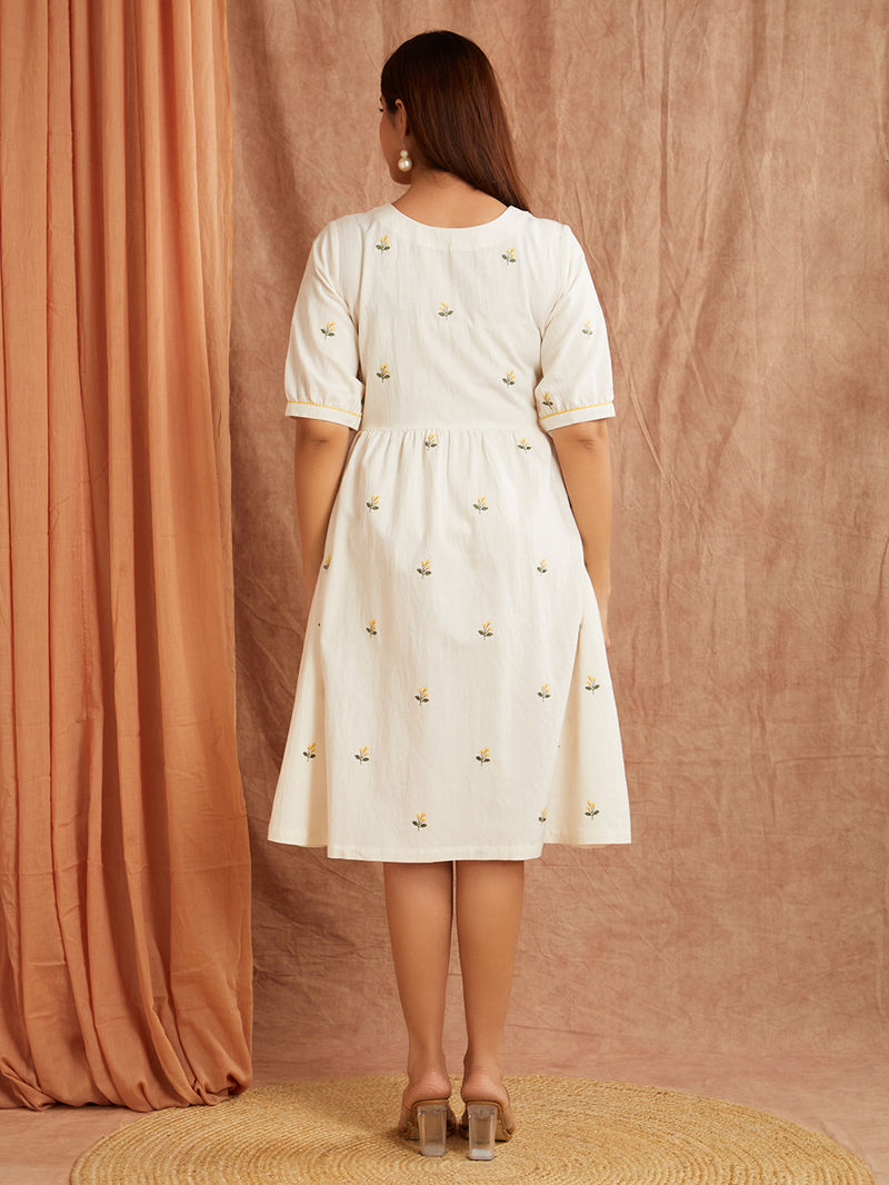 White Embroidered Cotton Linen Dress