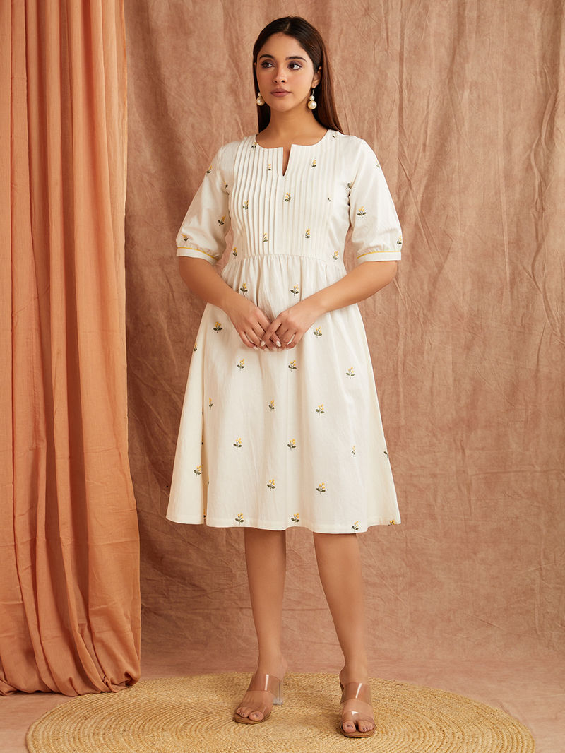 White Embroidered Cotton Linen Dress