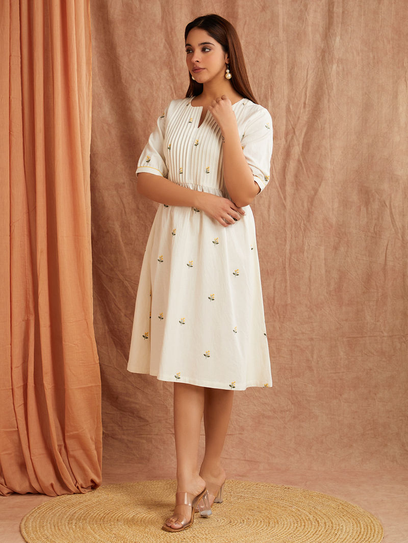 White Embroidered Cotton Linen Dress