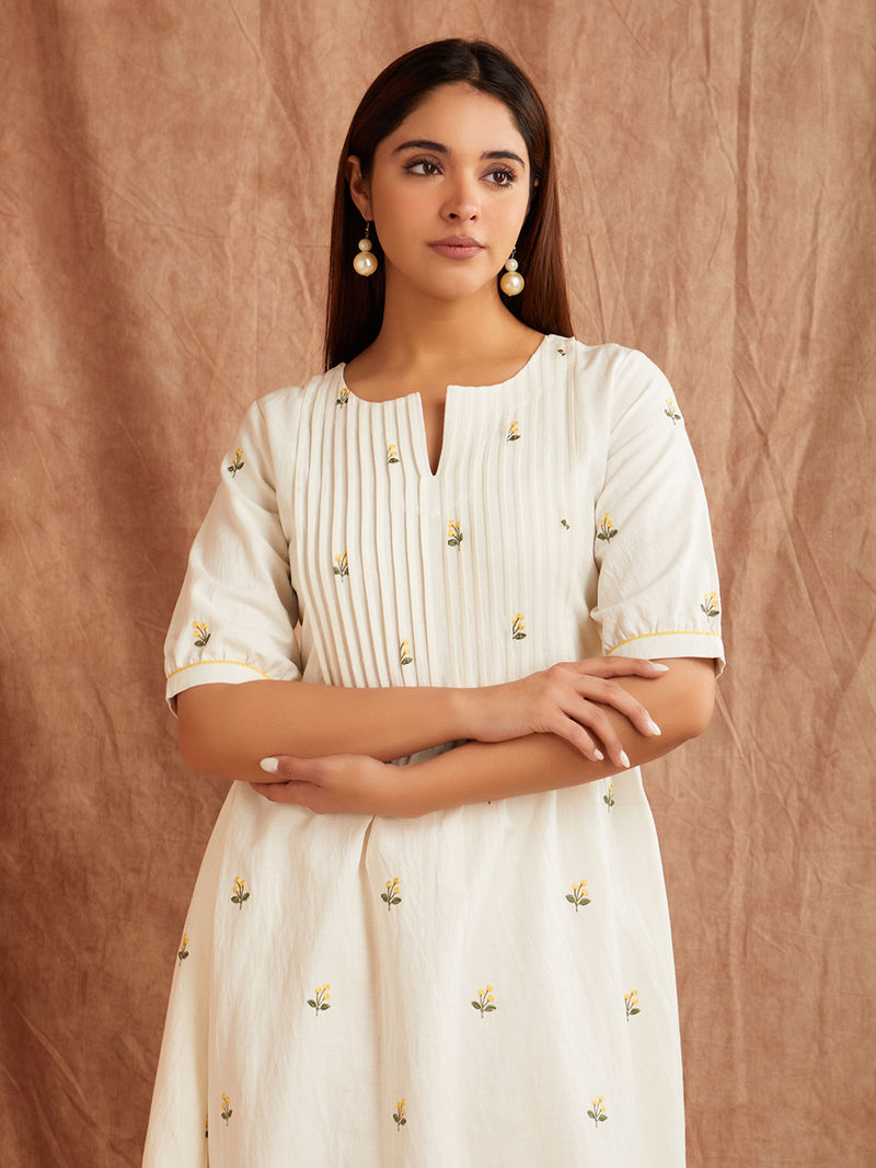 White Embroidered Cotton Linen Dress